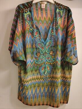 Lucky & Coco Vibrant Chevron Ornately Beaded V-Neck Breezy Tunic Top Sz M-XL